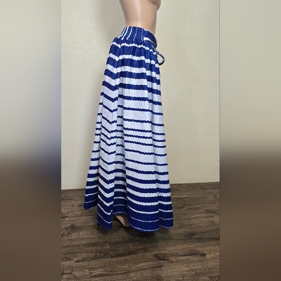 NF Striped 100% Cotton Box Pleated Maxi Skirt Blue/ White One Size Whit Pockets - Picture 3 of 16